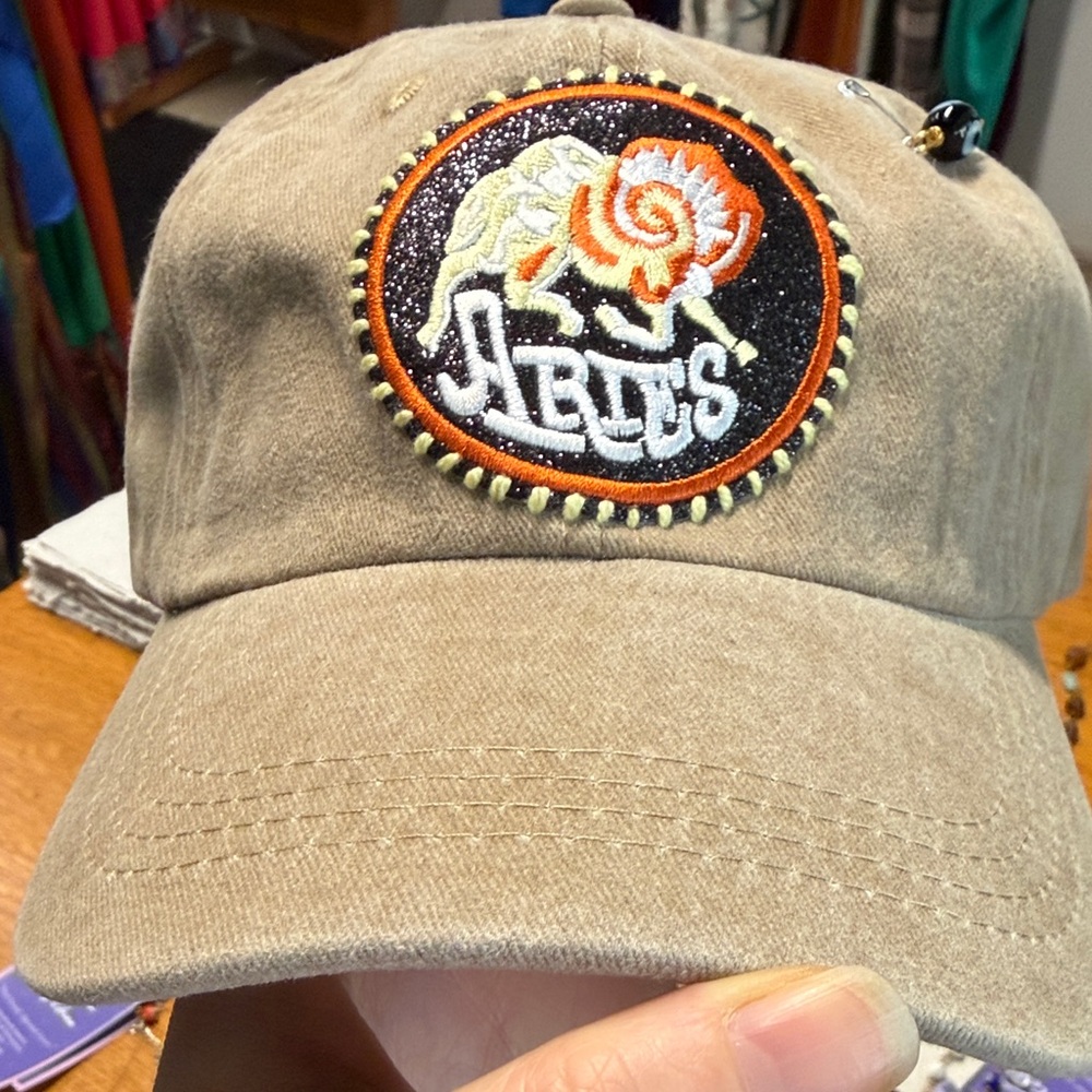 Tan Baseball Cap with Embroidered Aries Ram Patch